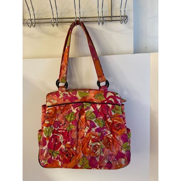 Vera Shoulder Tote Pink Red Roses 14x11.5" Defected Handle - Picture 1 of 8